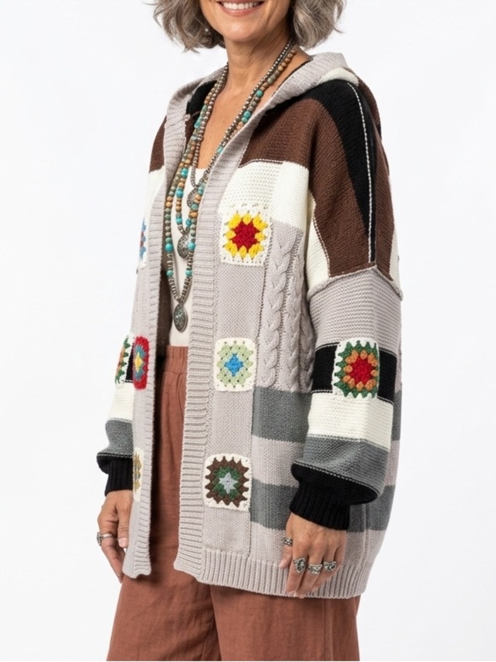 POL Hooded Crochet Granny Square Cardigan Sweater Chunky Boho Colorblock
